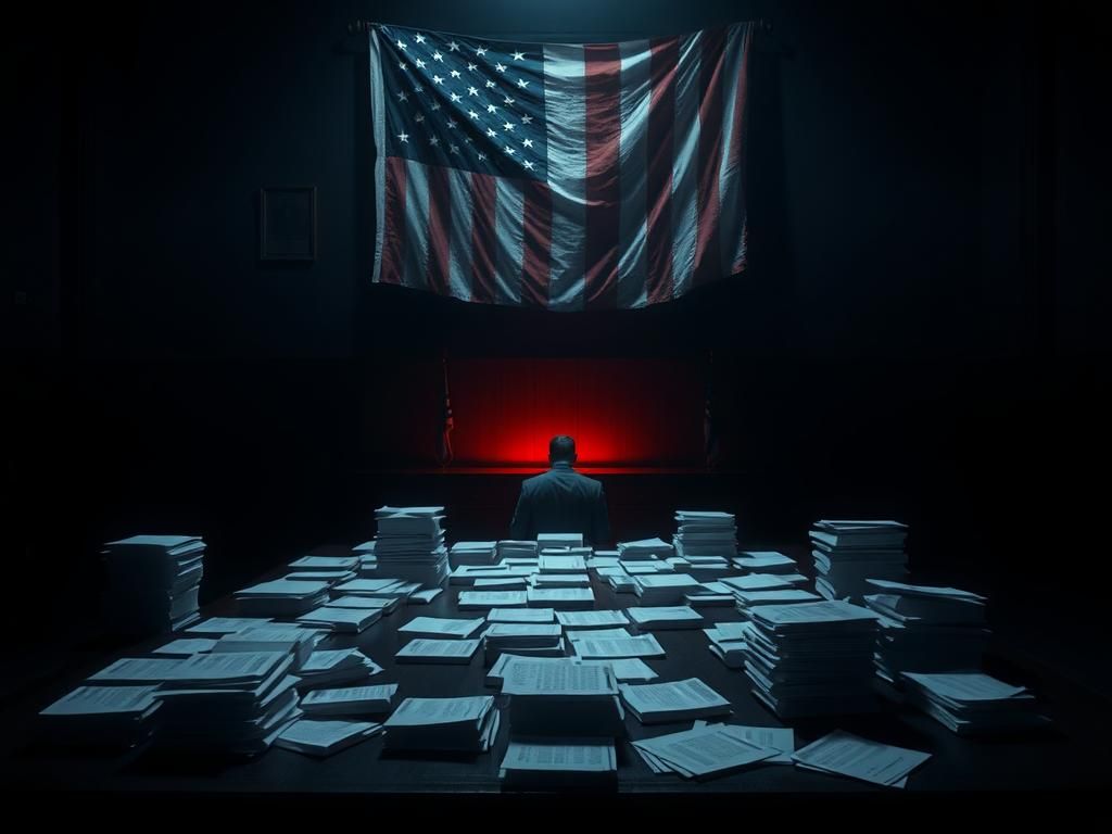 Flick International A dimly-lit room filled with classified documents symbolizing secretive intelligence operations