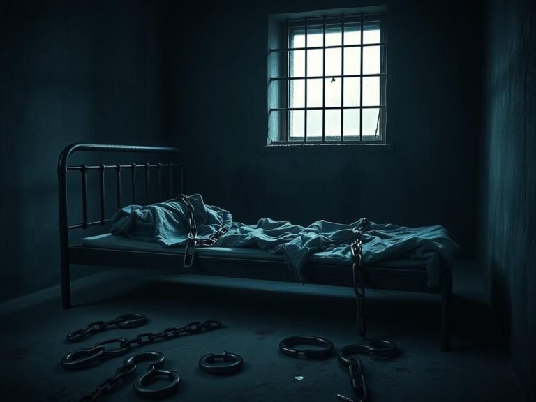 Flick International An oppressive prison cell showcasing a rusty bed frame and dark, cold furnishings