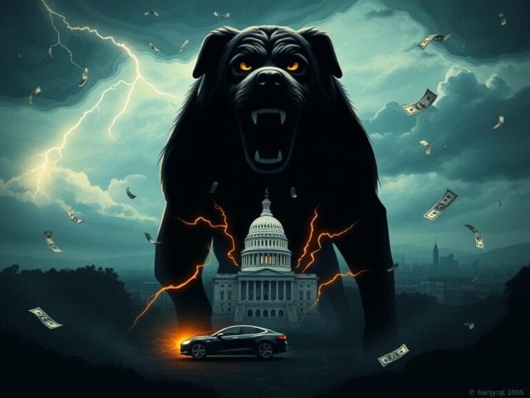 Flick International A giant, fearsome dog in a surreal landscape symbolizing the Department of Government Efficiency (DOGE) looming over a city skyline.