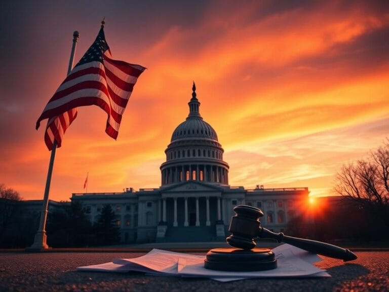 Flick International U.S. Capitol building at sunset with American flag and documents symbolizing political transition