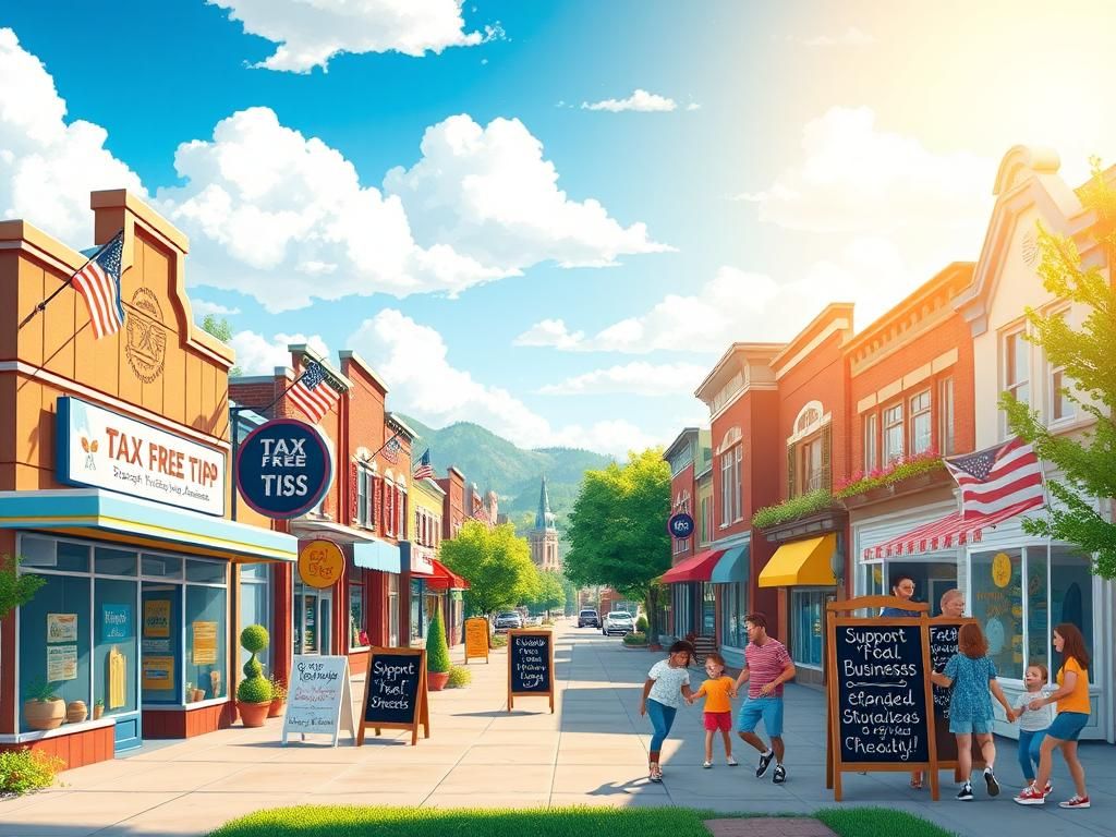 Flick International A vibrant small-town main street bustling with colorful storefronts and families enjoying the community.