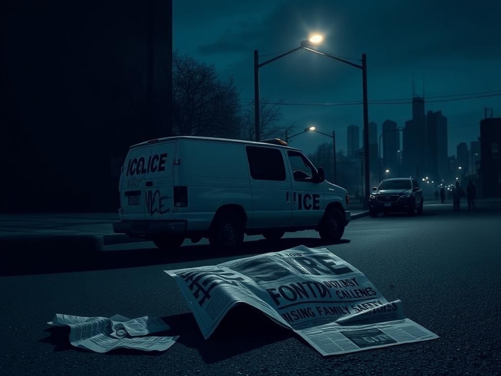 Flick International Abandoned ICE vehicle on a deserted street at twilight, partially obscured by graffiti