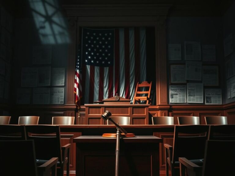Flick International Dramatic courtroom scene with a wooden bench and gavel, symbolizing justice