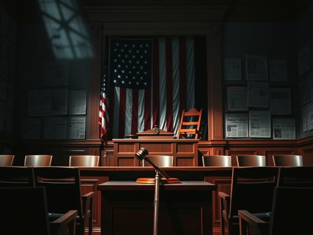 Flick International Dramatic courtroom scene with a wooden bench and gavel, symbolizing justice