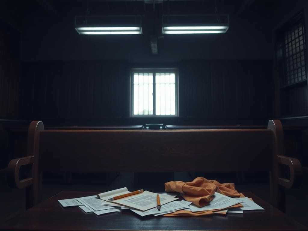 Flick International Dimly lit courtroom highlighting tension in a legal proceeding