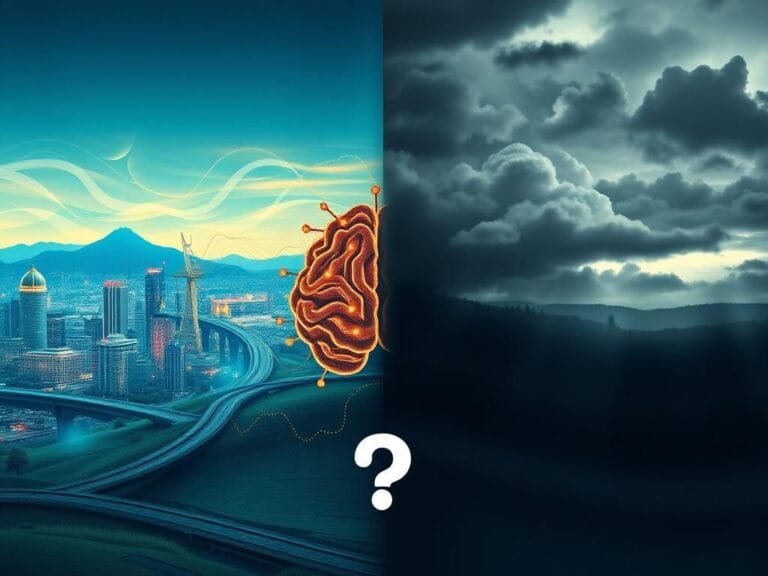 Flick International Abstract representation of AI's impact on society with contrasting vibrant and subdued landscapes