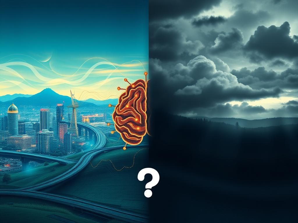 Flick International Abstract representation of AI's impact on society with contrasting vibrant and subdued landscapes