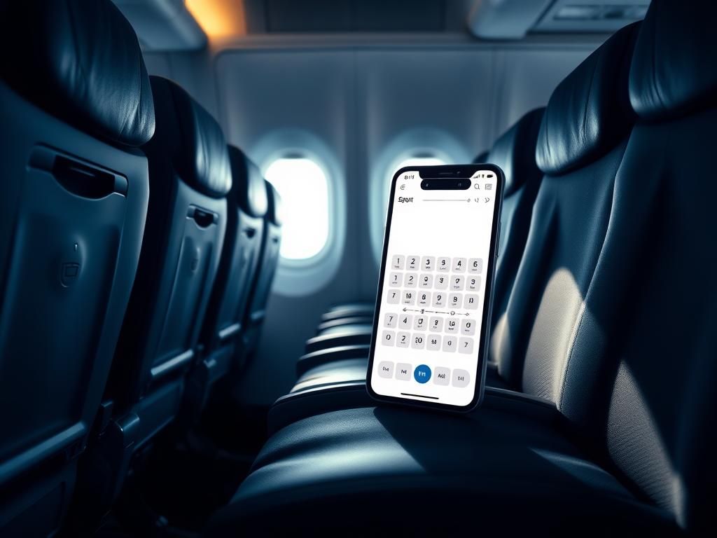 Flick International Empty row of airplane seats illuminated by sunlight with a smartphone displaying a seating chart app