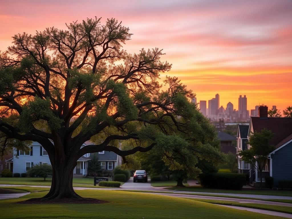Flick International Serene suburban landscape of Philadelphia at sunset with a prominent oak tree