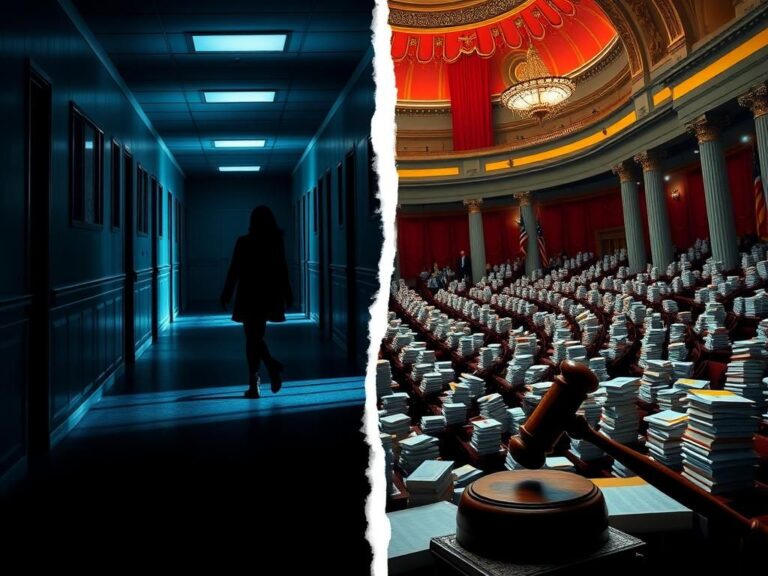 Flick International A stark contrast between a dark school hallway and a vibrant legislative chamber