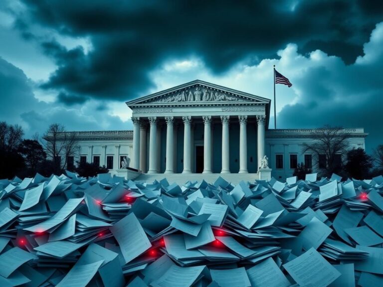 Flick International A dramatic scene of the Supreme Court building shrouded in shadows, symbolizing emergency legal actions