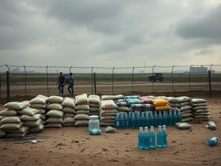 Flick International Desolate humanitarian aid distribution site in Gaza with stacked supplies including rice bags and water bottles.