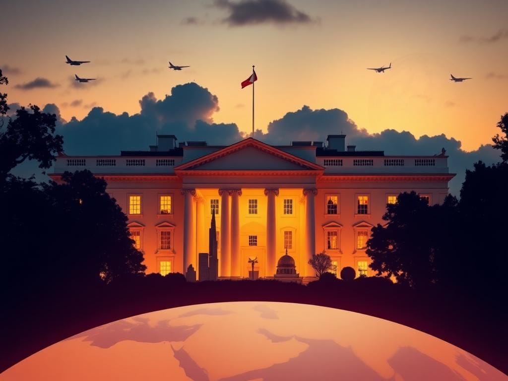 Flick International Dramatic view of the White House at dusk with glowing lights symbolizing high-stakes discussions
