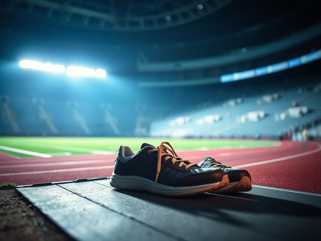 Flick International A pair of worn sports shoes on the sideline of a darkened arena, symbolizing the challenges faced by female athletes in the context of upcoming Supreme Court cases.