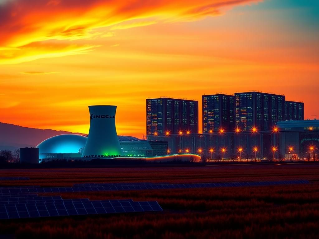 Flick International Sleek nuclear power plant illuminated with blue and green lights at sunset