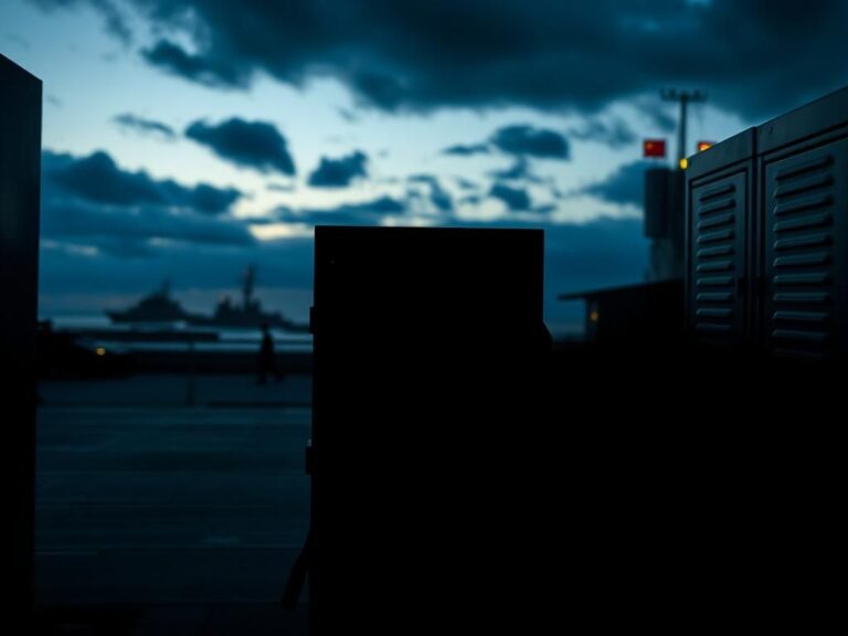 Flick International Shadowy silhouette of a backpack in a day-use locker at a U.S. Navy base, symbolizing espionage activities.