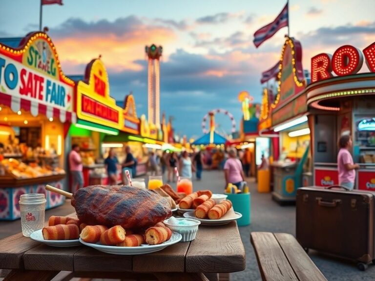 Flick International A vibrant scene at a state fair with iconic food stalls featuring unique fair foods