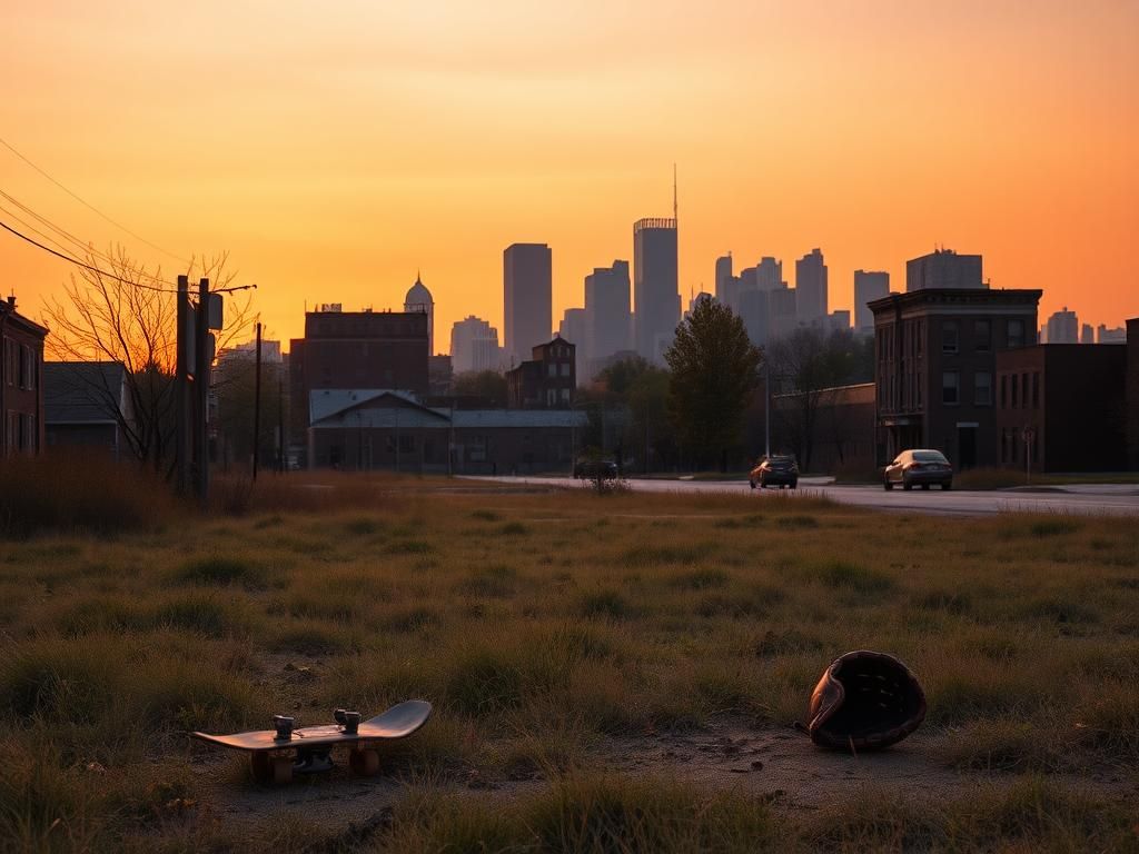 Flick International Peaceful landscape in Illinois showing abandoned urban setting with overgrown grass and empty streets symbolizing aging population and outmigration of youth.