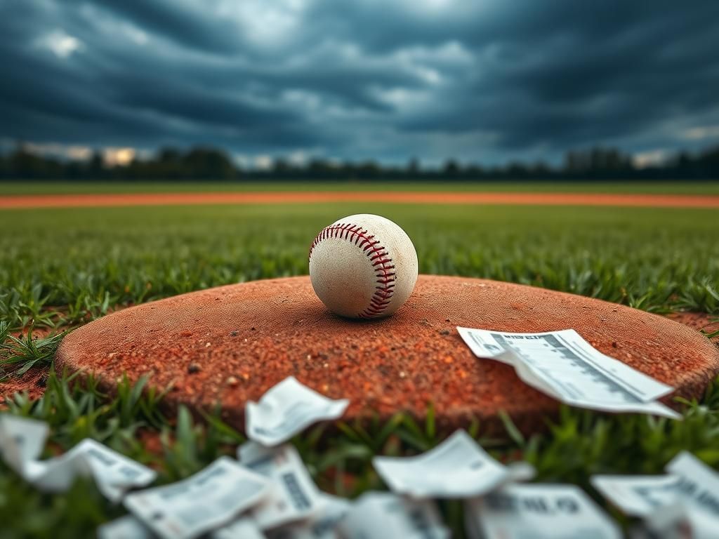 Flick International Close-up of a baseball pitcher's mound with scattered betting slips, symbolizing gambling concerns