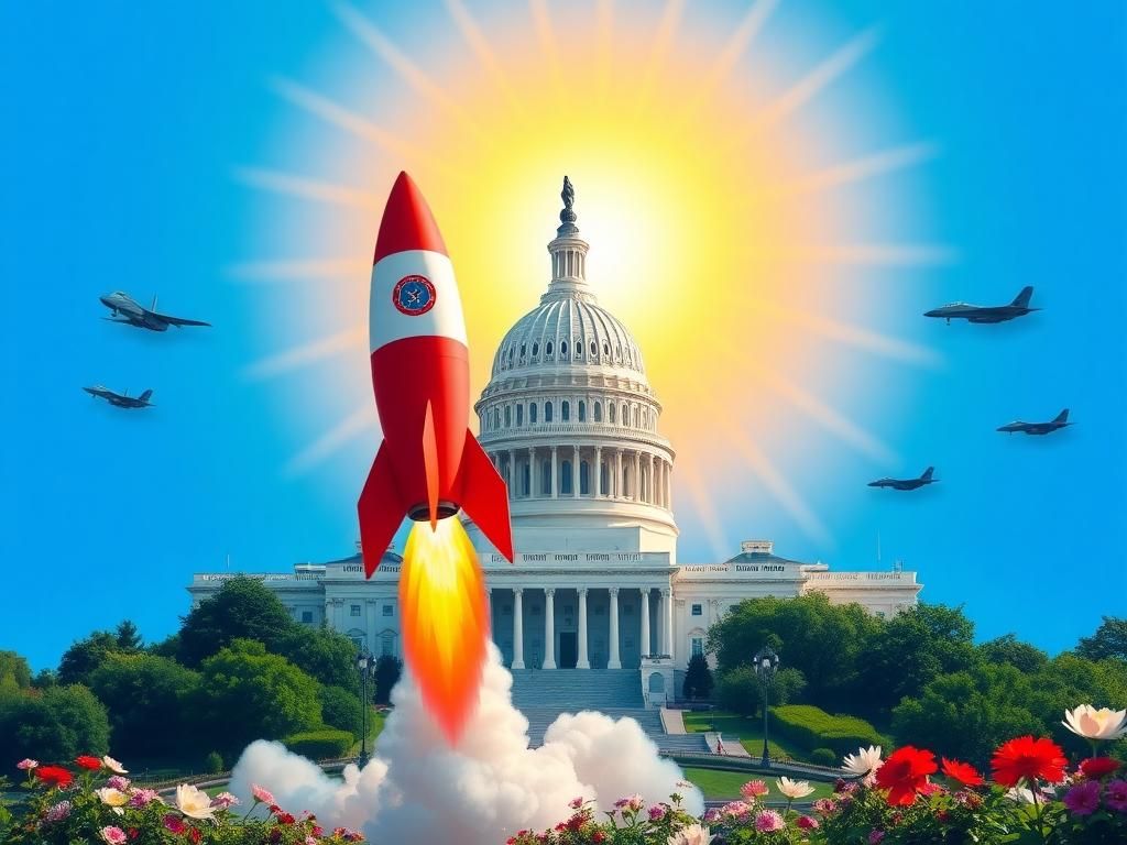 Flick International A vibrant depiction of the U.S. Capitol building with a colorful rocket taking off, symbolizing economic growth.
