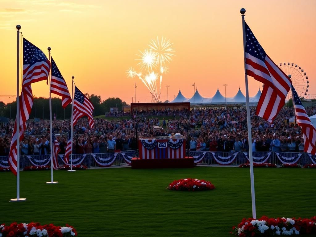 Flick International A vibrant sunset scene at Iowa State Fairgrounds during the America250 kickoff event, showcasing American flags and a cheering crowd.