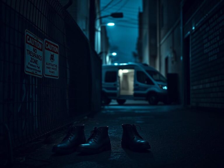 Flick International Dark urban alley featuring rusted fence and police boots symbolizing law enforcement tension