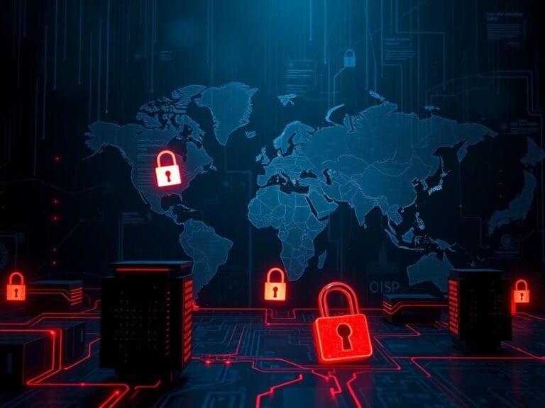 Flick International Dark digital landscape illustrating cybersecurity threats with abstract representations of networks and data streams.