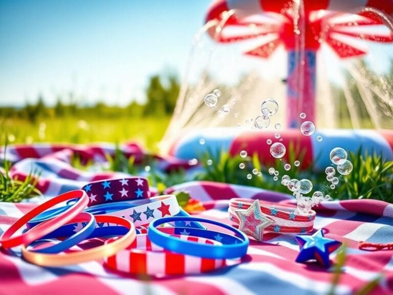 Flick International Colorful Fourth of July accessories including glow-in-the-dark bracelets and light-up necklaces on a picnic blanket