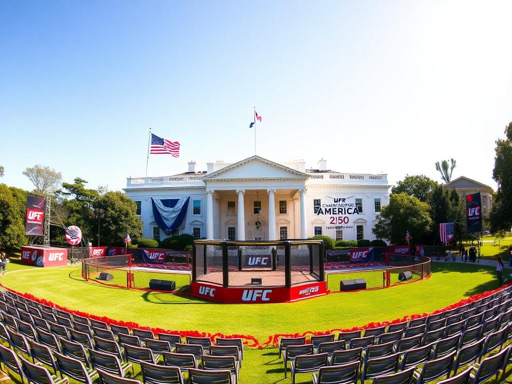Flick International A vibrant UFC fighting arena set on the White House lawn for America's 250th birthday celebration.