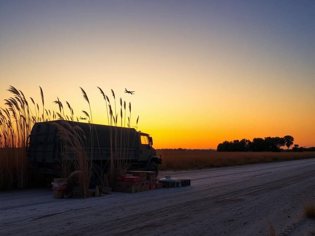 Flick International Military transport vehicle on dusty road with sunset backdrop in Florida