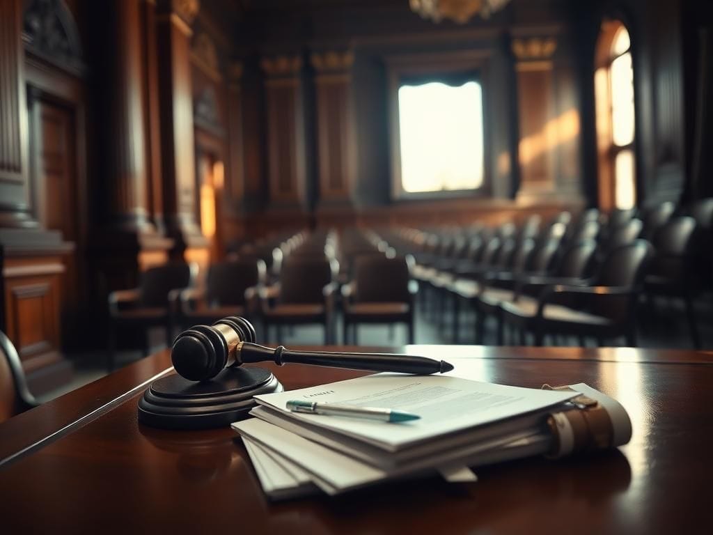 Flick International Dramatic low-angle view of an empty wooden judge's bench in a serious courtroom setting