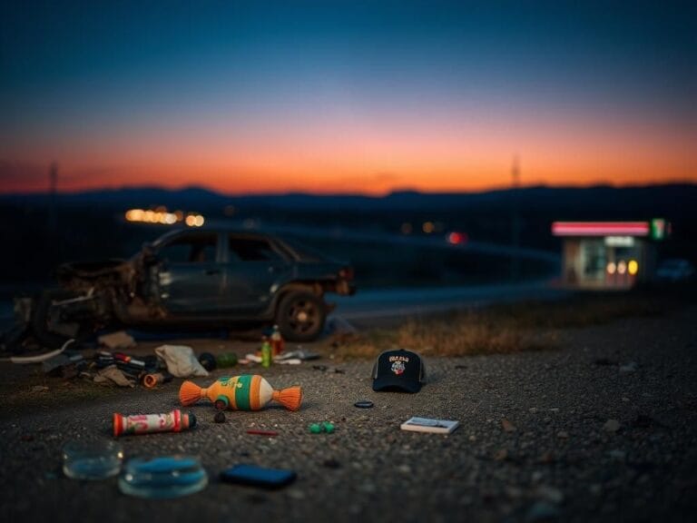 Flick International Somber scene of a deserted roadside at dusk with a shattered vehicle, highlighting the tragedy of drunk driving.