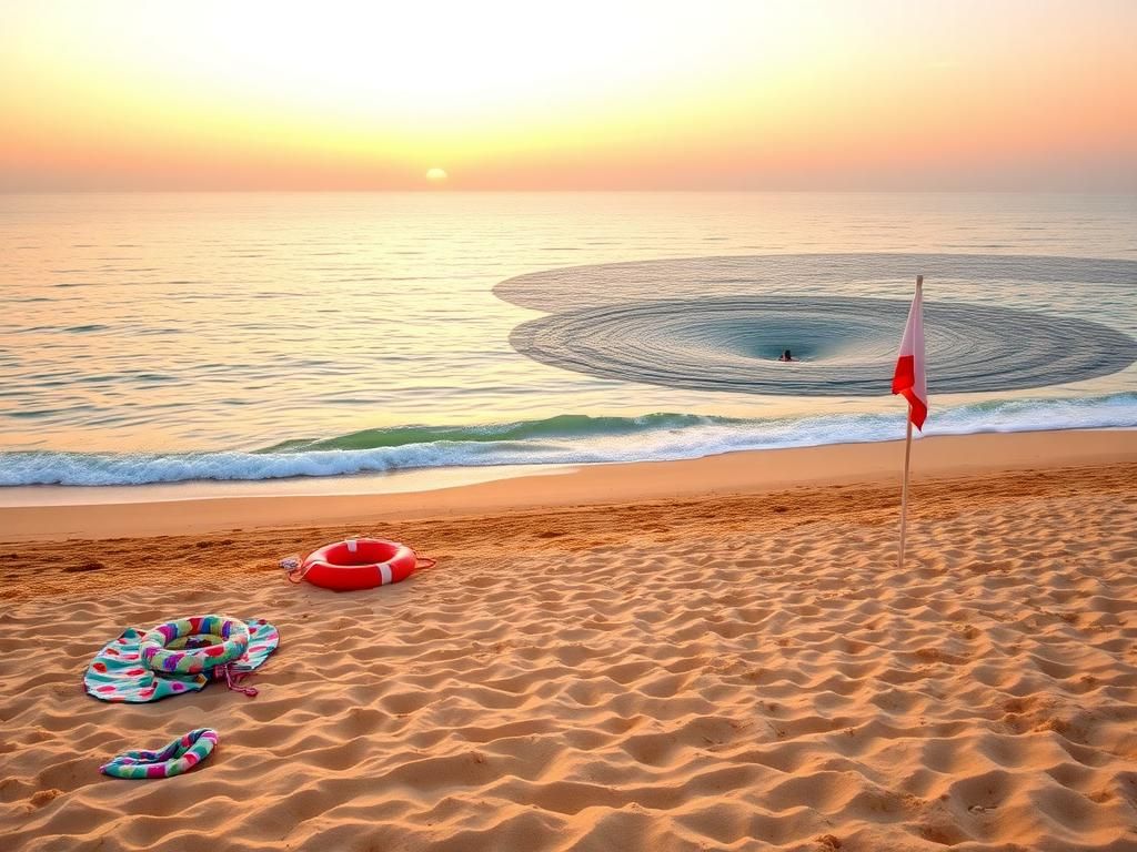 Flick International A serene beach scene at sunrise with gentle waves and rip currents