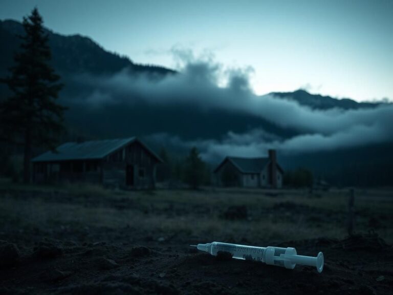 Flick International Abandoned Colorado farmstead shrouded in mist at dusk with a deer tranquilizer syringe in the foreground