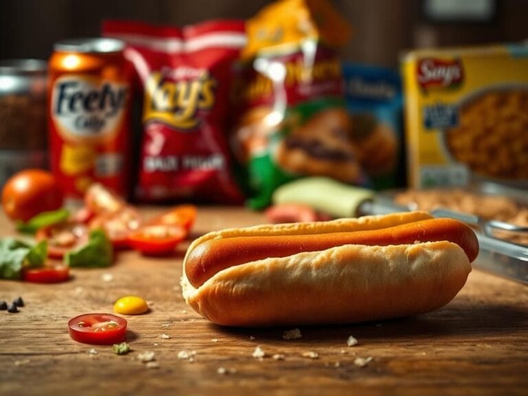 Flick International Close-up shot of a half-eaten hot dog on a wooden table with fresh vegetables and processed food items in the background