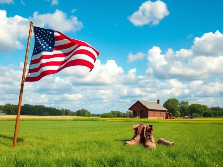 Flick International Scenic view of an American landscape with an American flag and rustic house symbolizing the American Dream