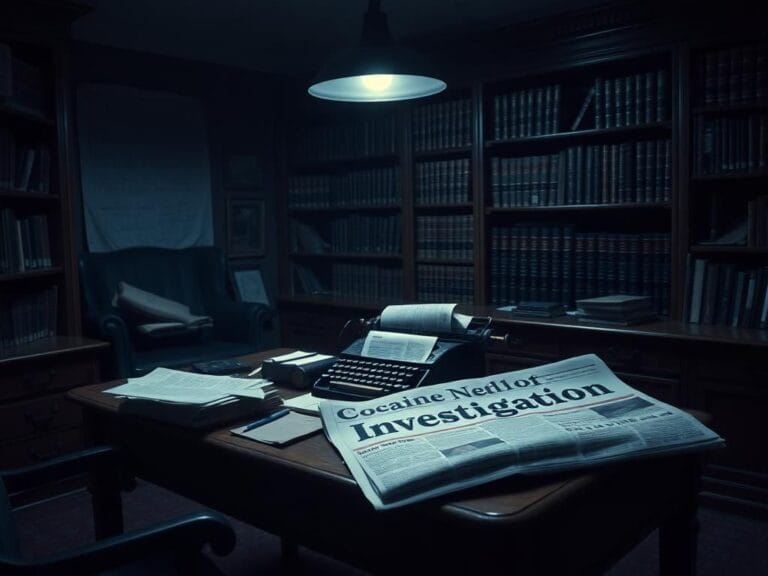 Flick International Dark vintage office scene depicting the tension surrounding a cocaine investigation