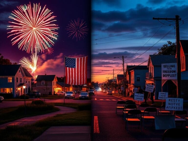 Flick International Dramatic juxtaposition of fireworks and protest signs on July 4th
