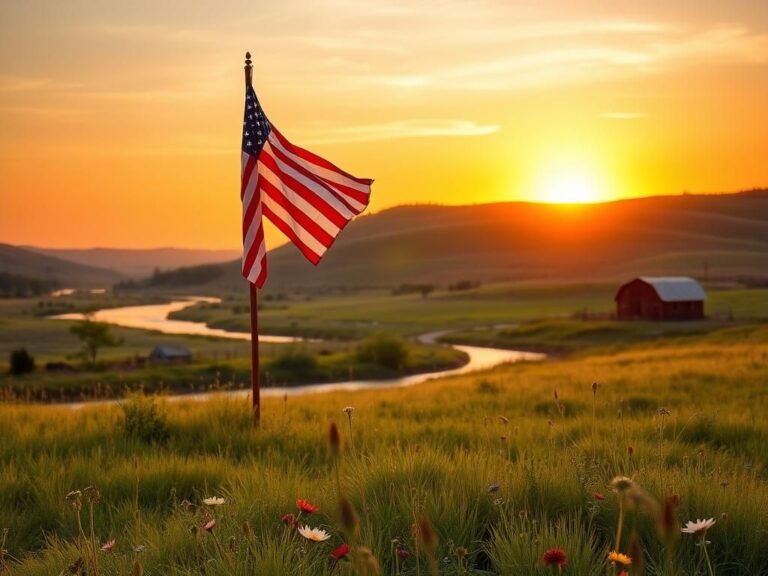 Flick International A large American flag waving proudly in front of a serene rural landscape during sunset