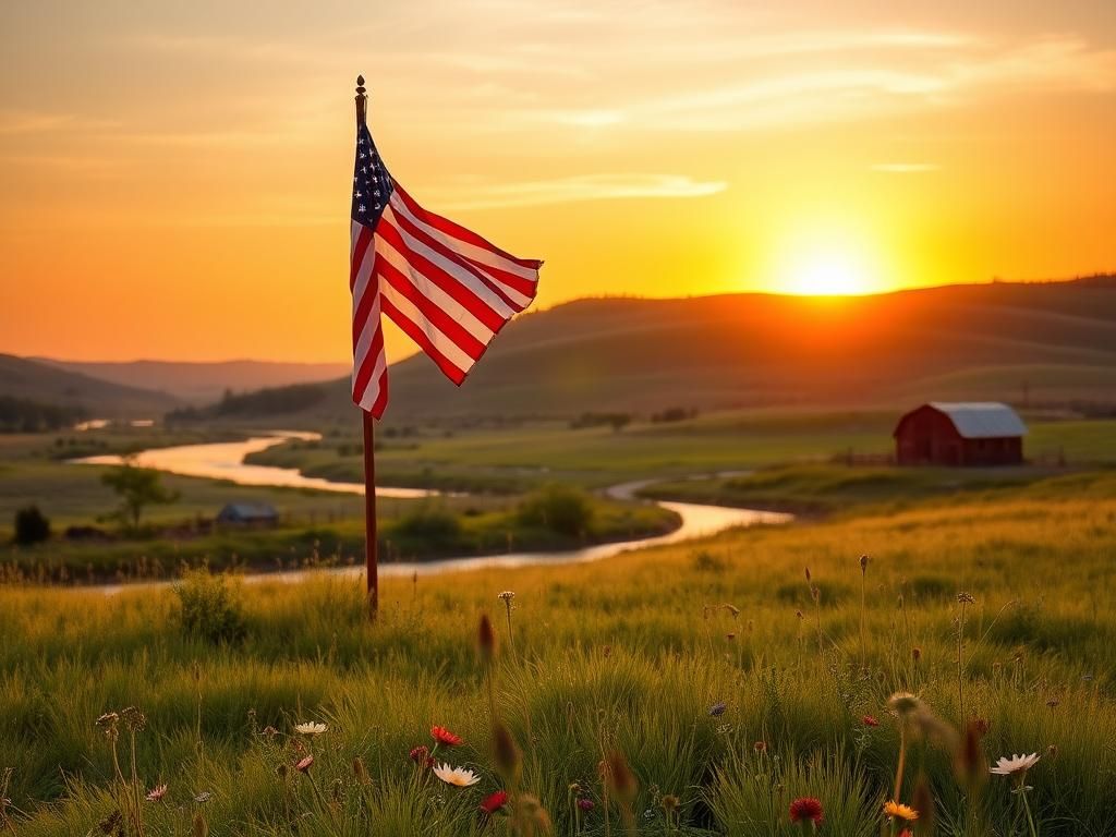 Flick International A large American flag waving proudly in front of a serene rural landscape during sunset