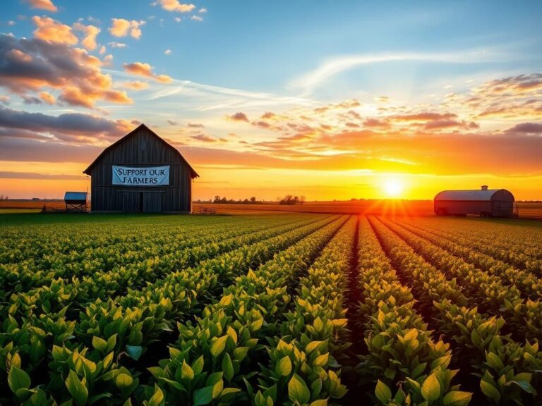 Flick International A picturesque Iowa farm scene at sunset with lush green crops and a rustic barn