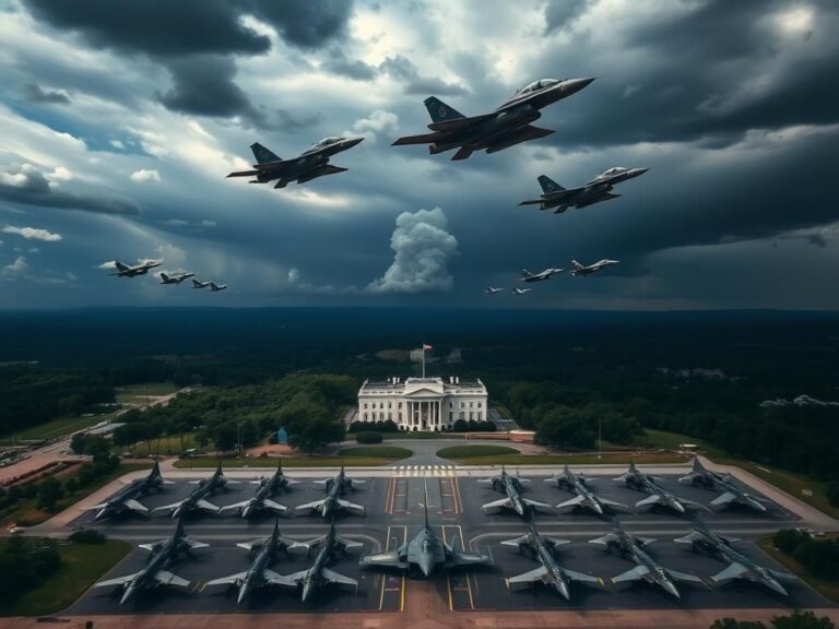 Flick International Modern fighter jets in formation over a military base