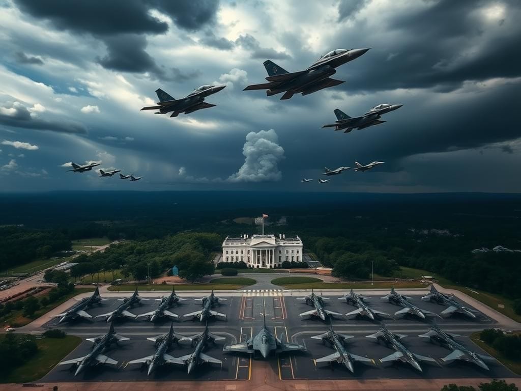 Flick International Modern fighter jets in formation over a military base