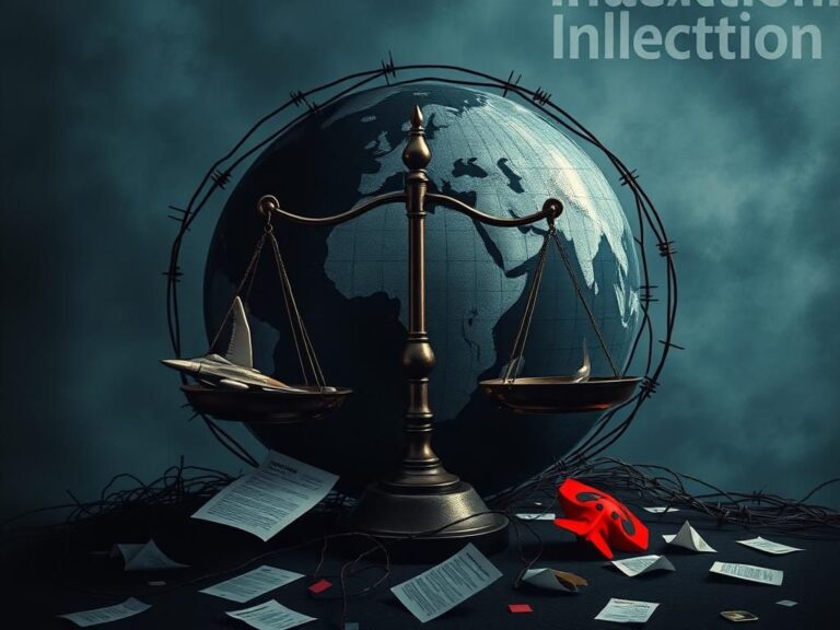 Flick International A darkened globe surrounded by barbed wire symbolizing international isolation.
