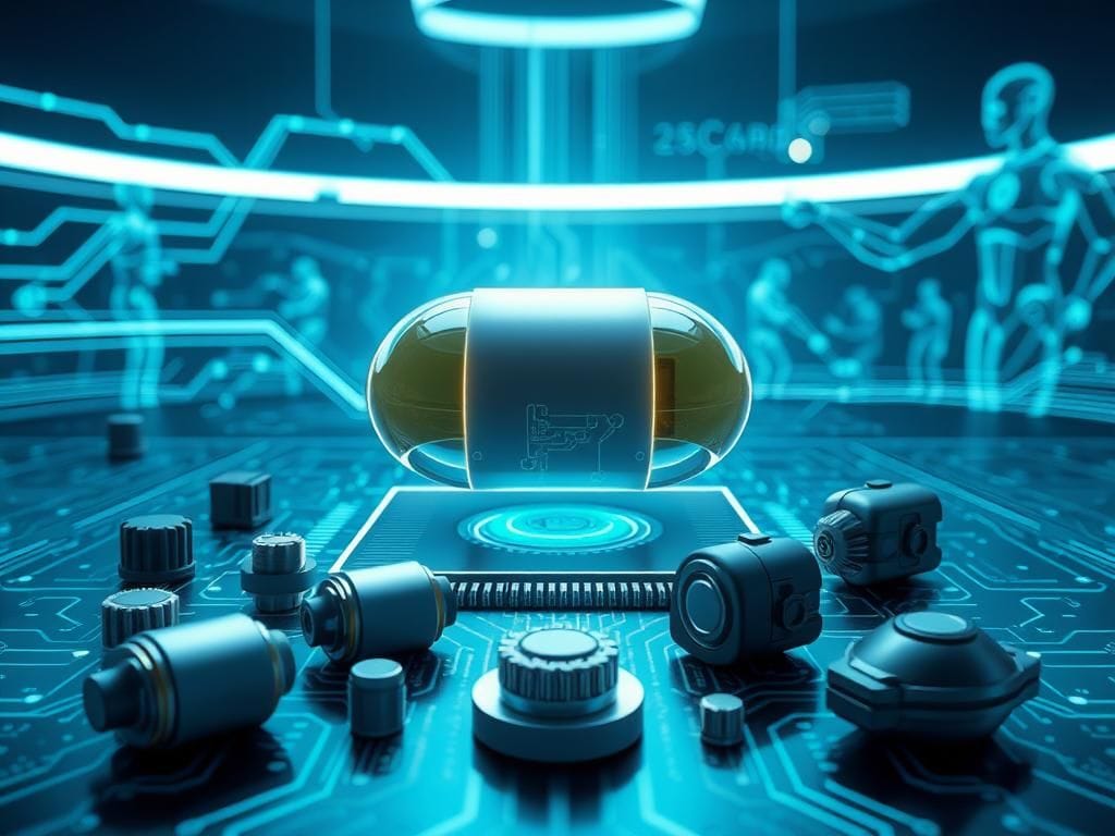 Flick International A futuristic capsule device for full-body control of robots is showcased in a high-tech environment