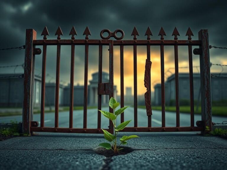 Flick International A weathered, rusted iron gate symbolizing barriers to freedom