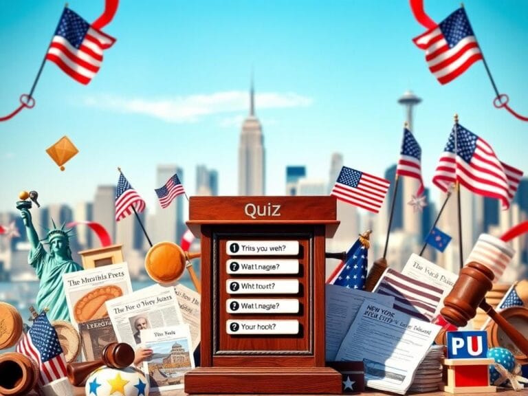Flick International Vibrant collage representing American culture with quiz podium and symbols