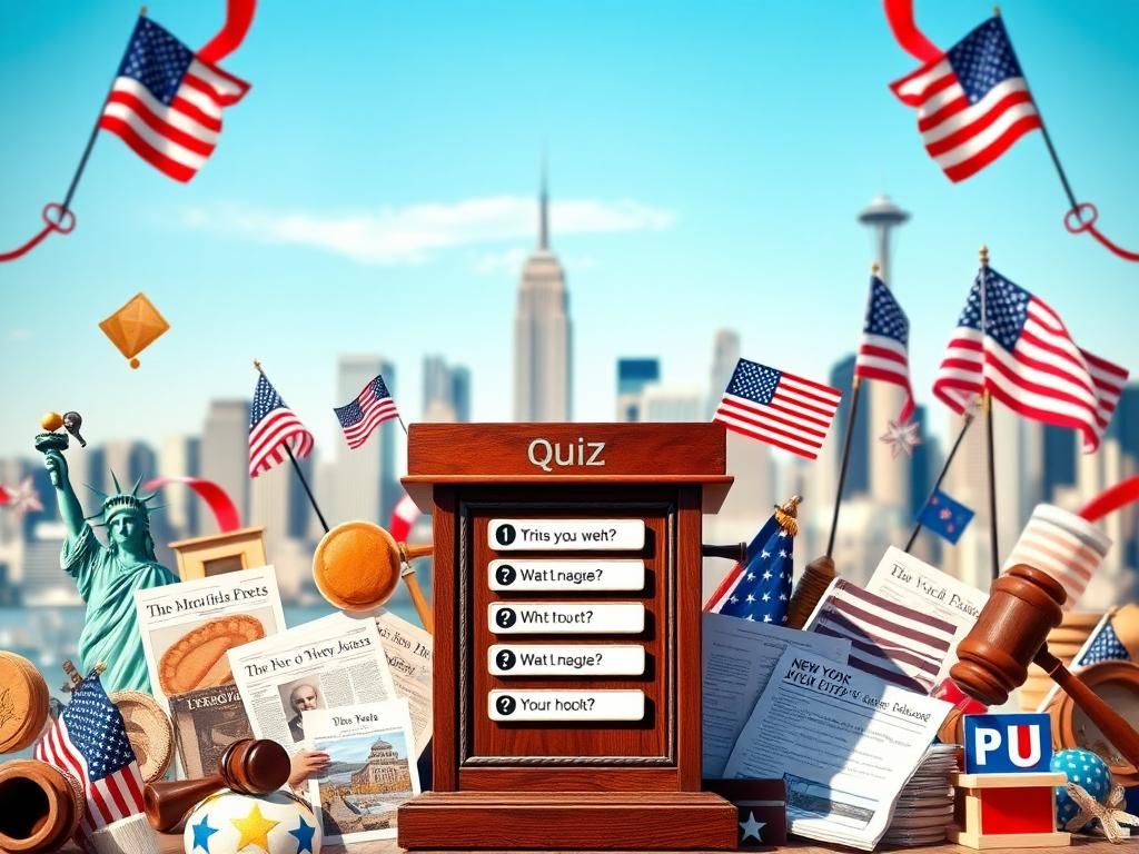Flick International Vibrant collage representing American culture with quiz podium and symbols