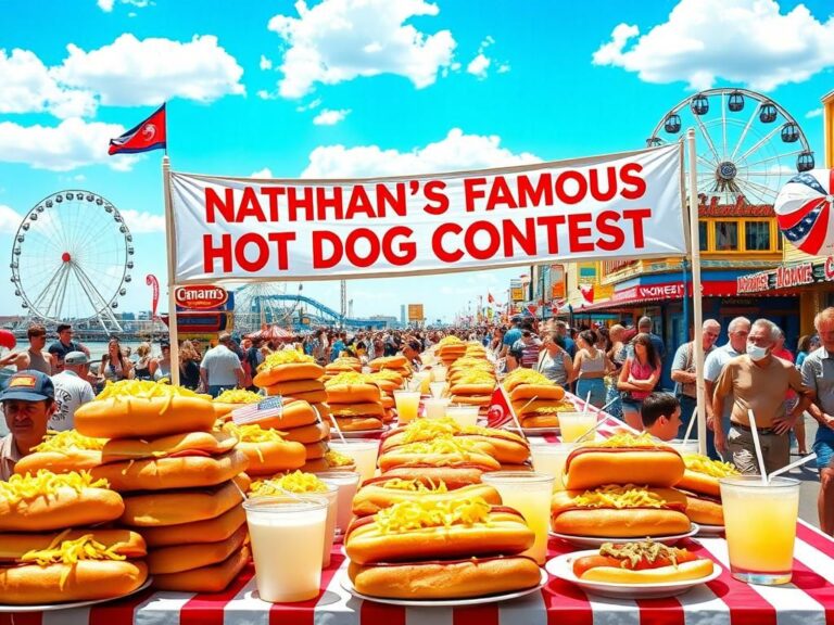 Flick International Crowds enjoying Nathan's Hot Dog Eating Contest on Coney Island with a picnic table full of hot dogs