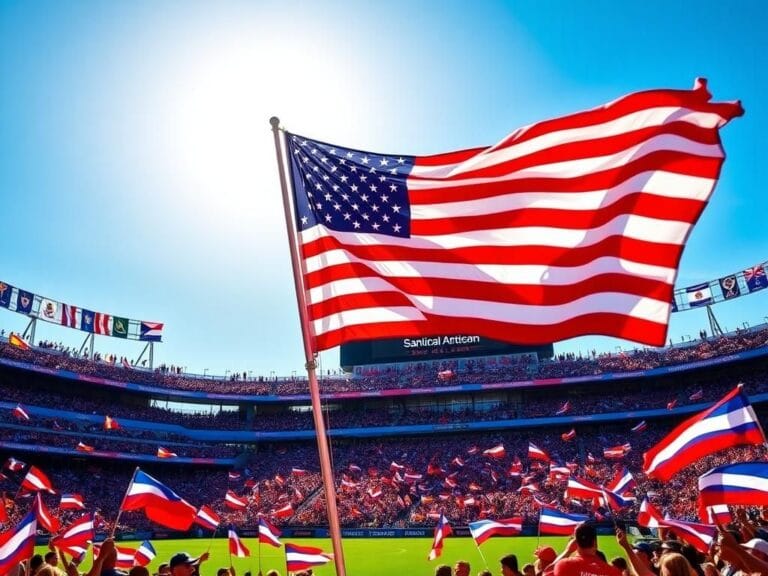 Flick International A vibrant soccer stadium in San Diego filled with fans waving red, white, and blue flags during the national anthem.